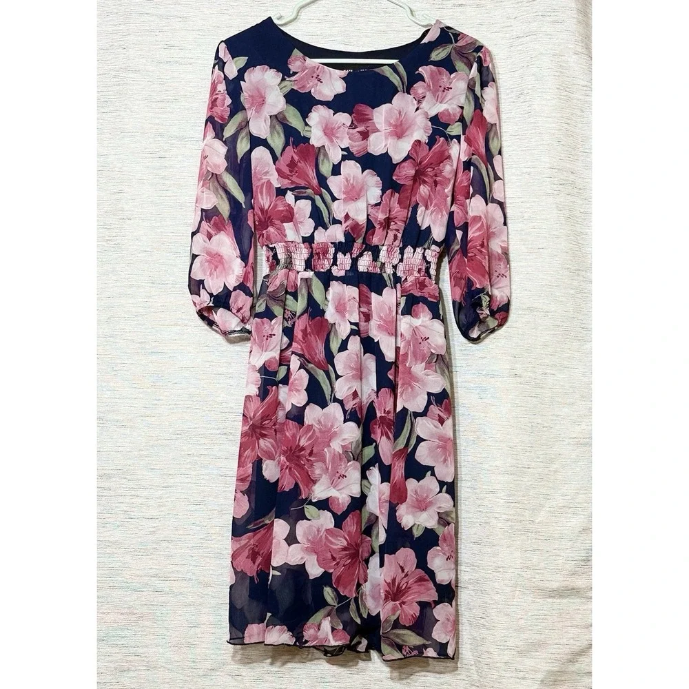 Kate & Lily Blue Pink Floral Smocked‎ Waist Midi Dress Sheer Long Sleeves Size 8